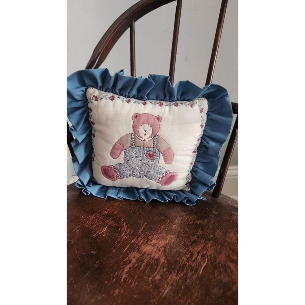 Vintage Handmade Baby Pillow With Appliqued Bear And Blue Ruffle